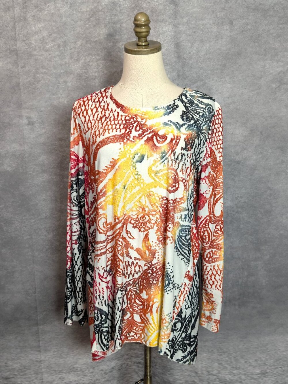 Peter Nygard Tunic Top M Multicolor Long Sleeve Abstract Textured Fun Boho Artsy